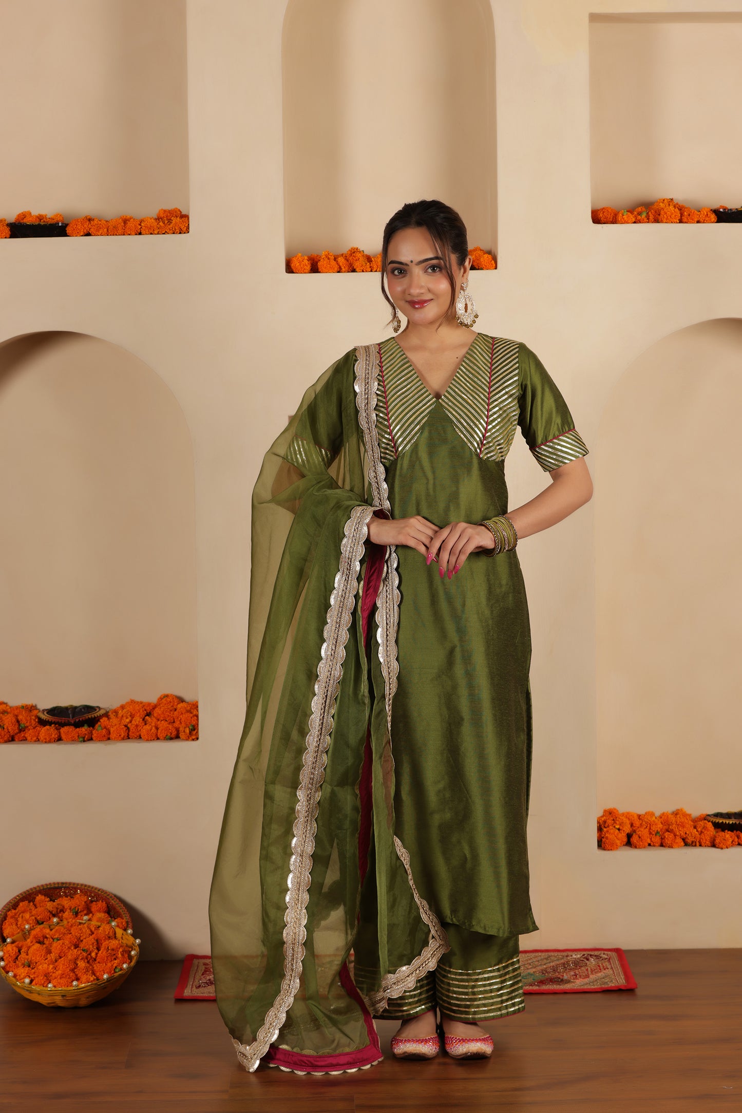 MEHENDI GREEN SILK STARIGHT SUIT SET