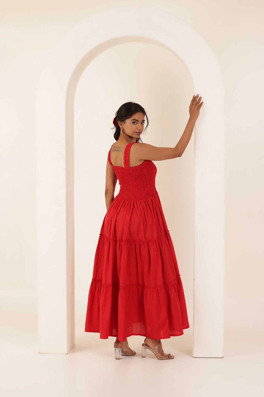 RED MARIA TIERED DRESS