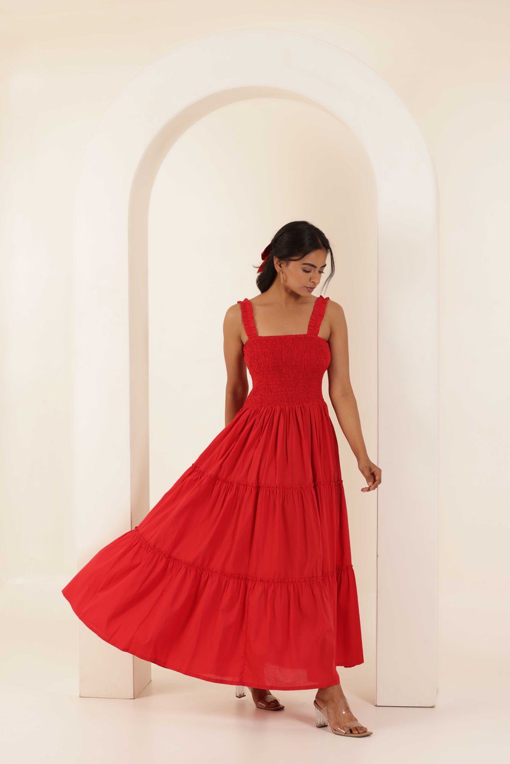 RED MARIA TIERED DRESS