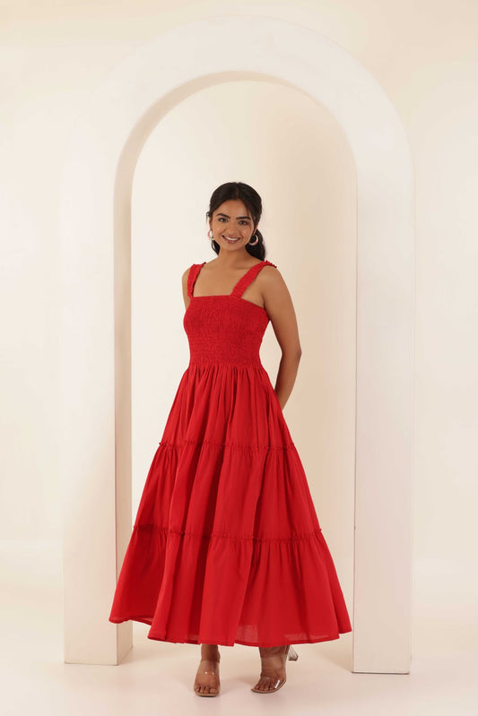 RED MARIA TIERED DRESS