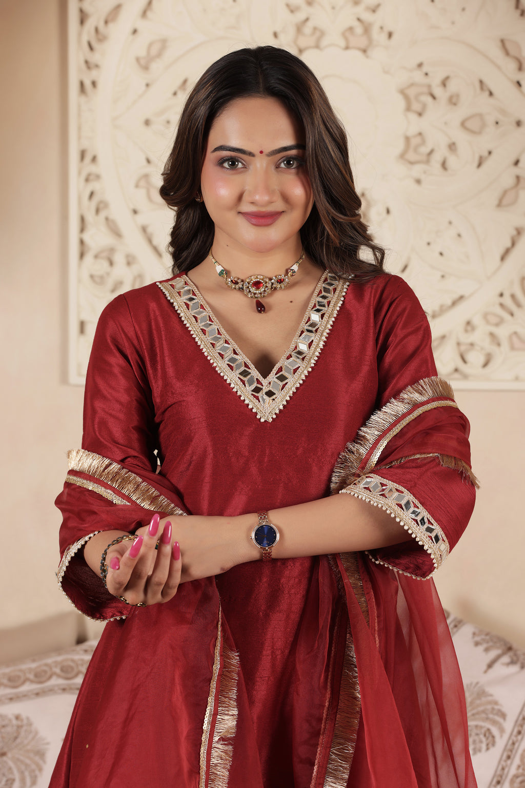 POLKI MAROON A-LINE SUIT SET