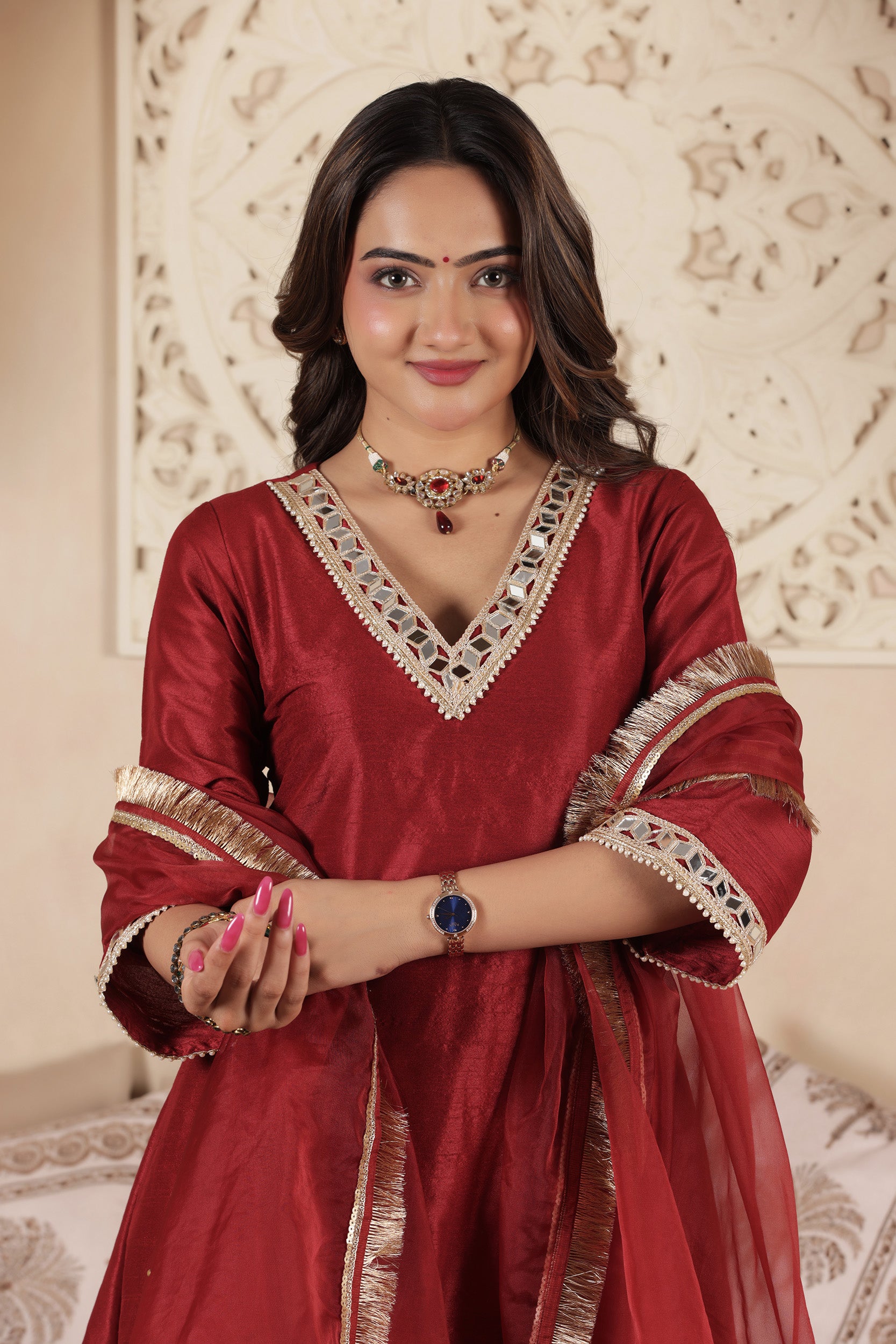 POLKI MAROON A-LINE SUIT SET