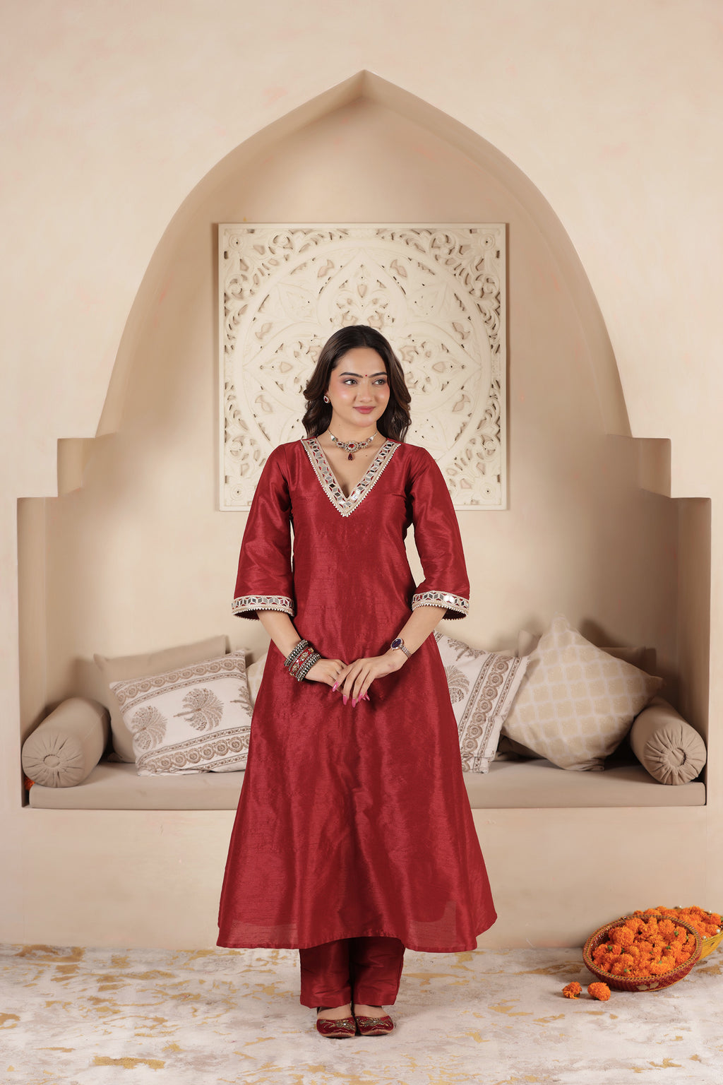 POLKI MAROON A-LINE SUIT SET