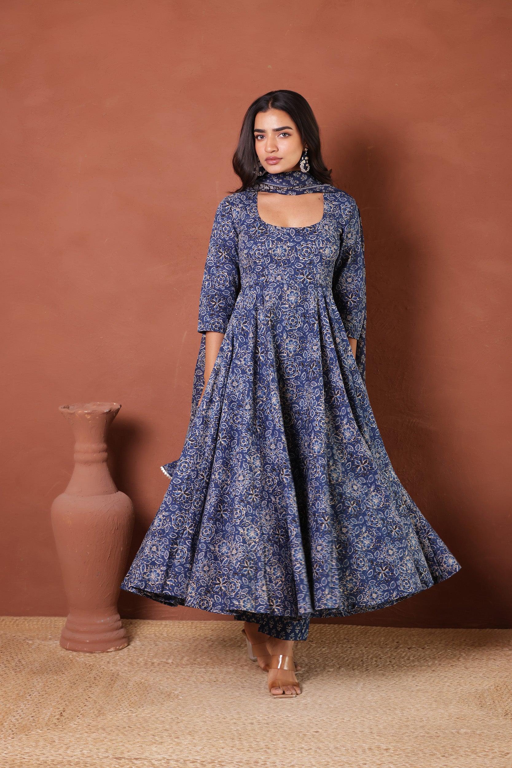 INDIGO COTTON ANARKALI SUIT SET