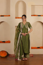 MEHENDI GREEN SILK STARIGHT SUIT SET
