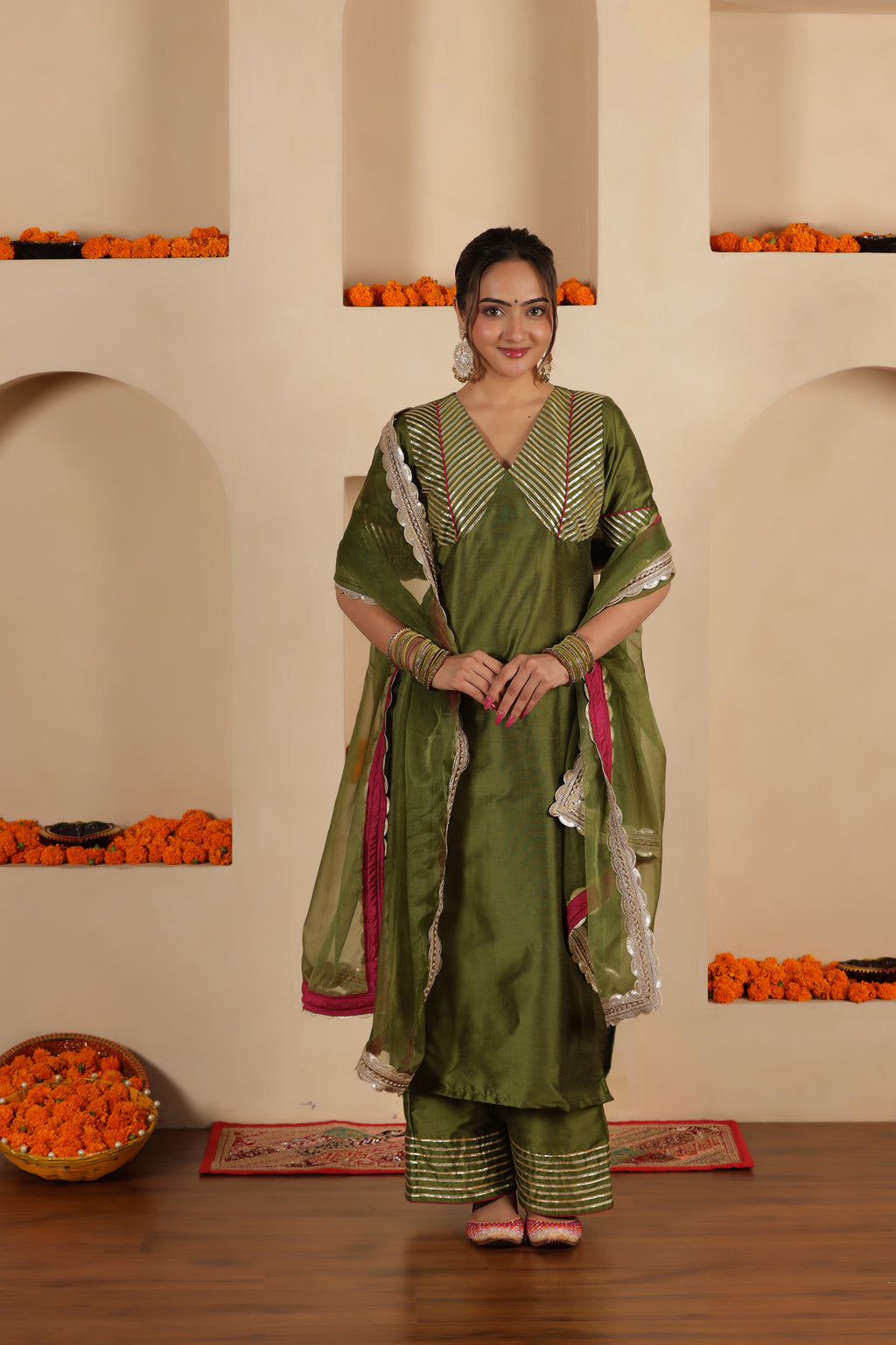 MEHENDI GREEN SILK STARIGHT SUIT SET
