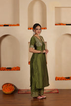 MEHENDI GREEN SILK STARIGHT SUIT SET
