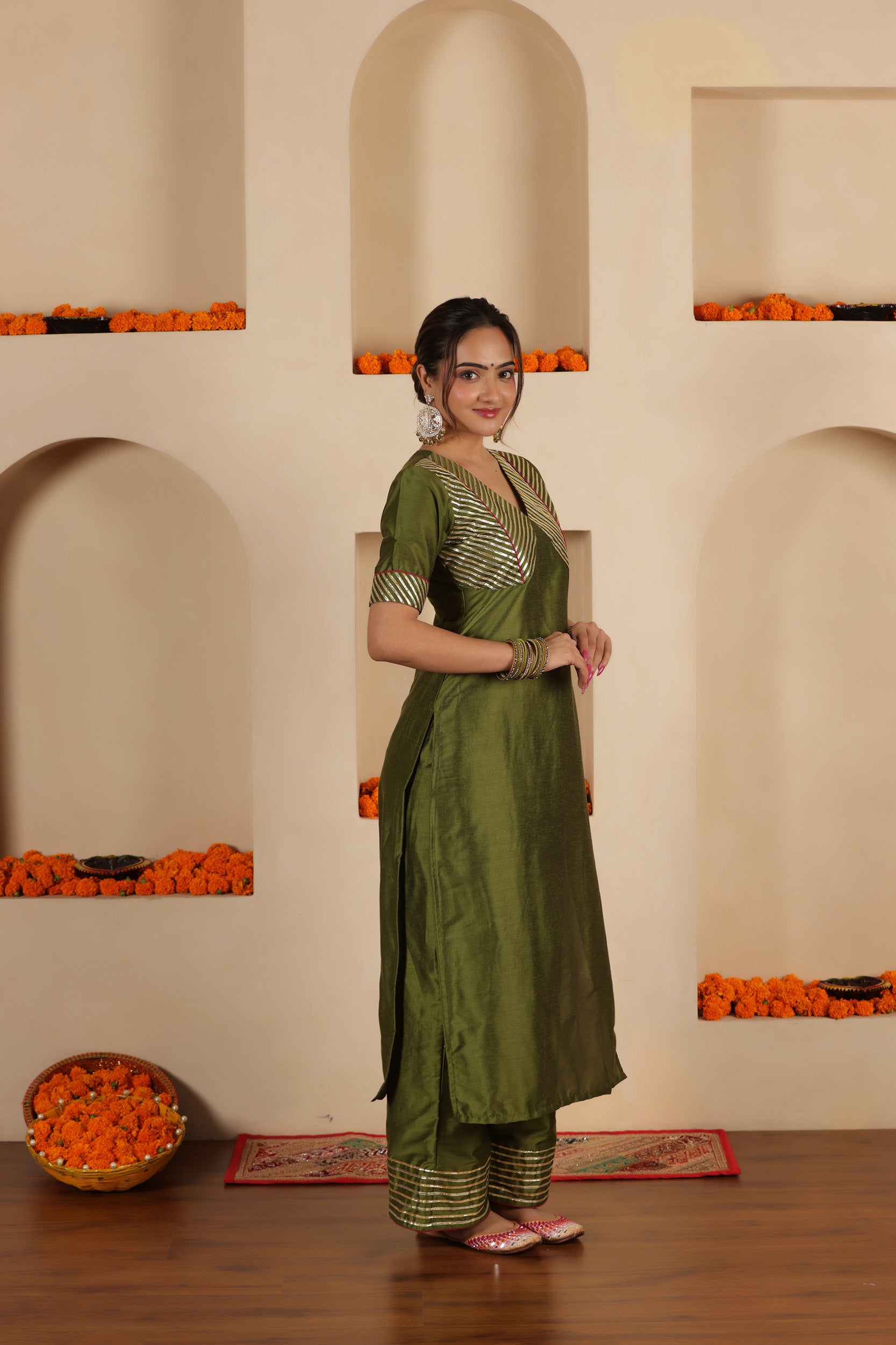 MEHENDI GREEN SILK STARIGHT SUIT SET