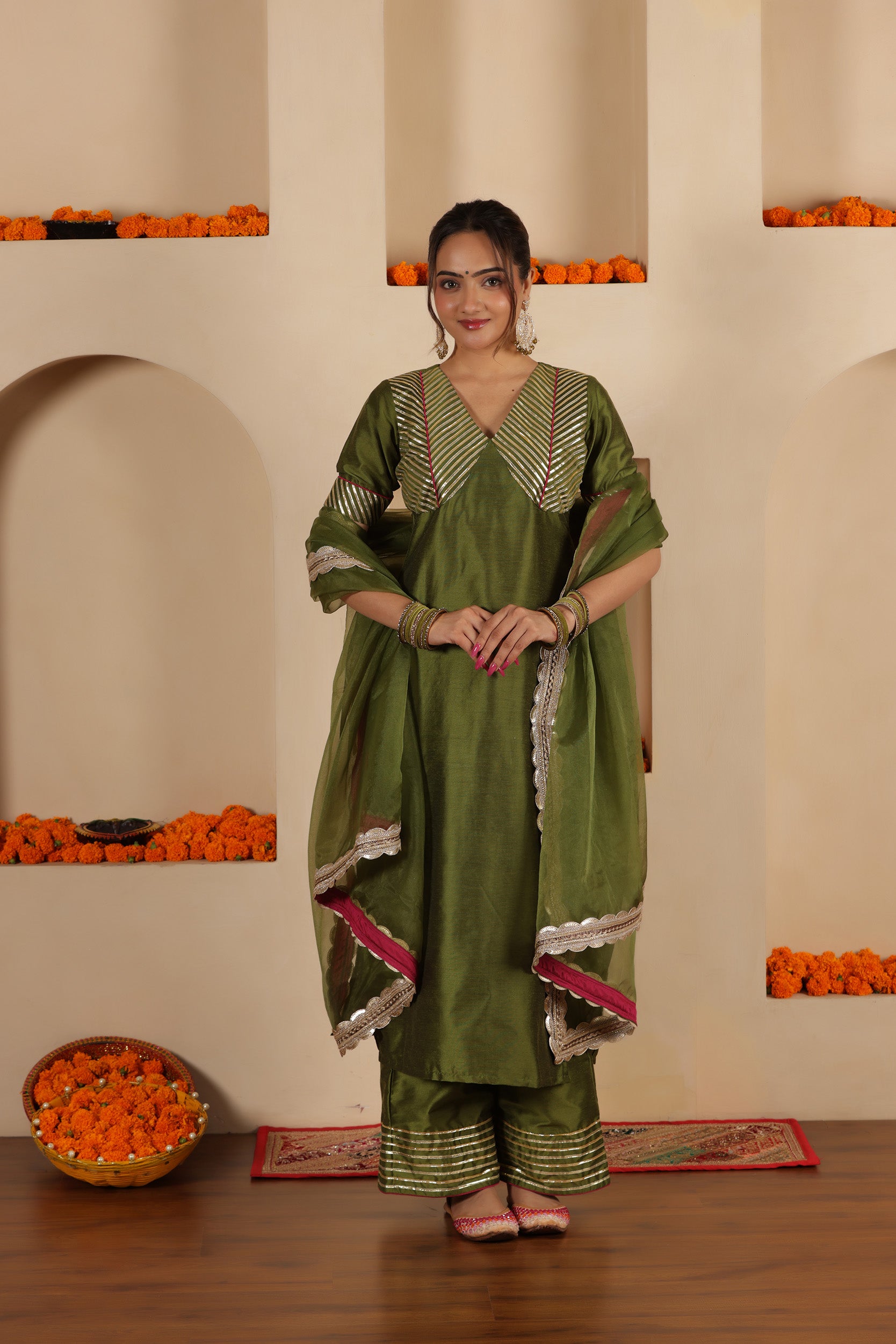 MEHENDI GREEN SILK STARIGHT SUIT SET