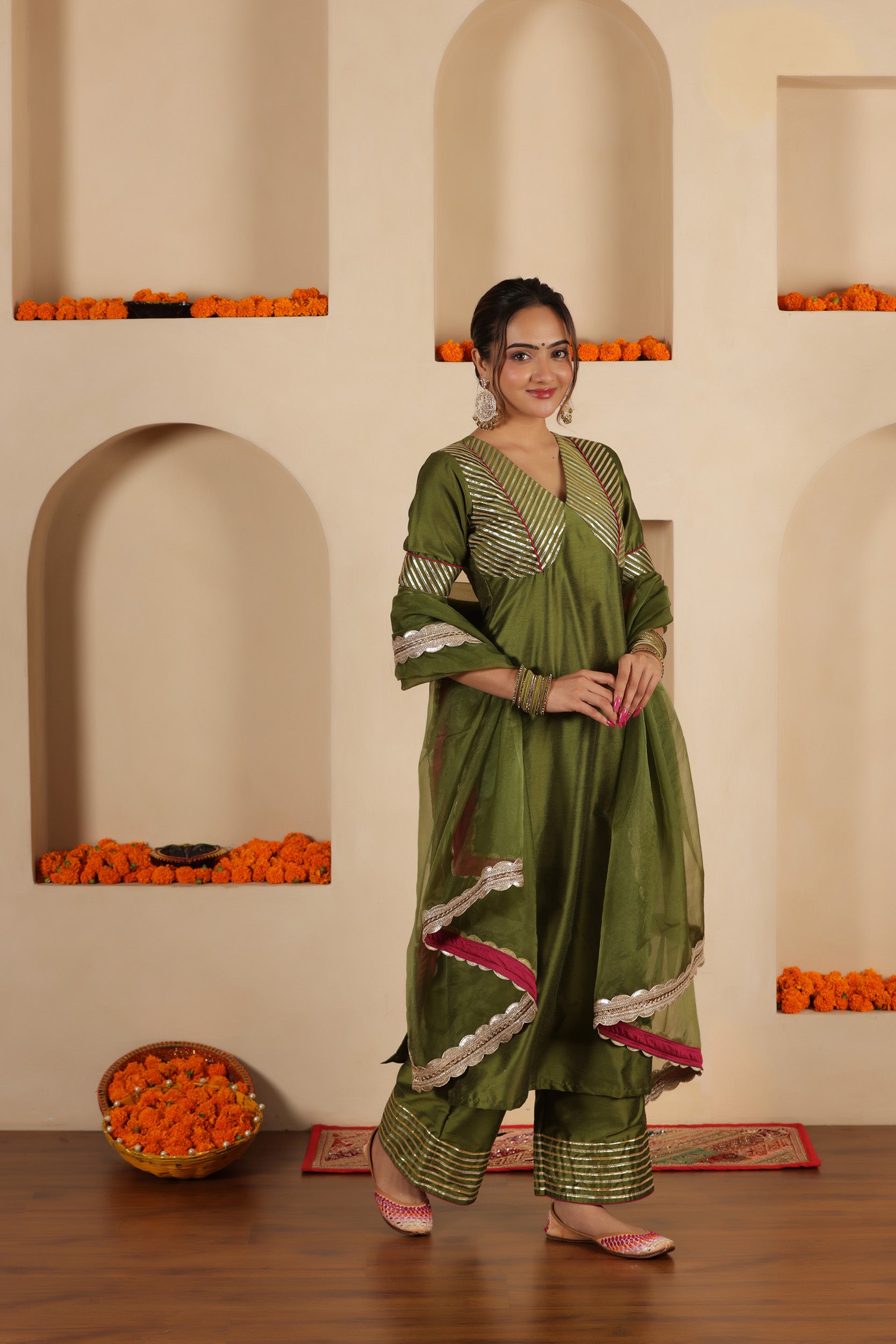 MEHENDI GREEN SILK STARIGHT SUIT SET