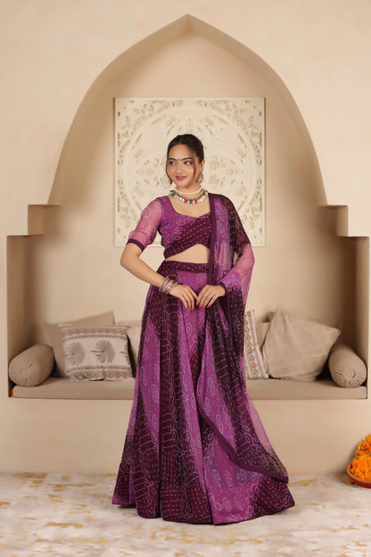 PURPLE BANDHANI PURE GEORGETTE LEHENGA SET