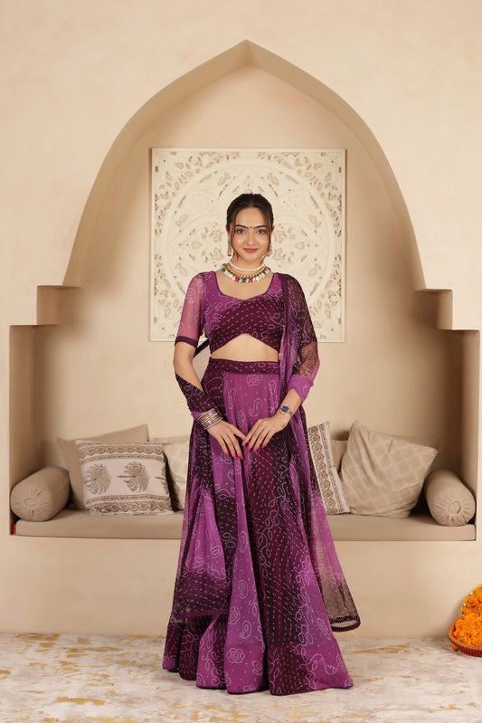 PURPLE BANDHANI PURE GEORGETTE LEHENGA SET