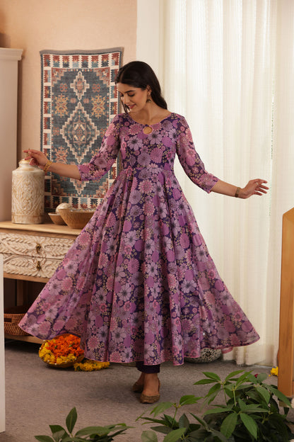 PLUM FLORAL CHANDERI SUIT SET