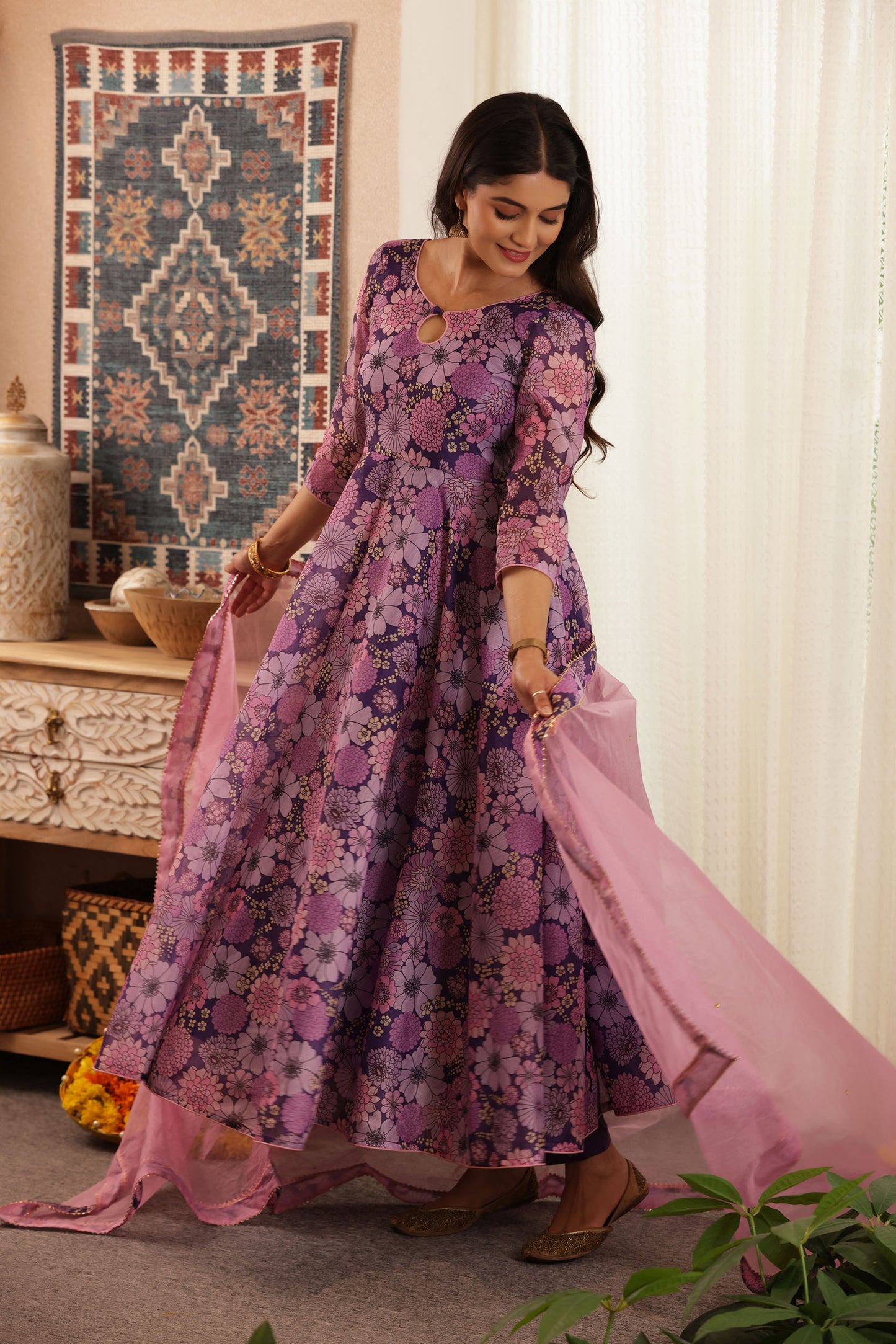 PLUM FLORAL CHANDERI SUIT SET