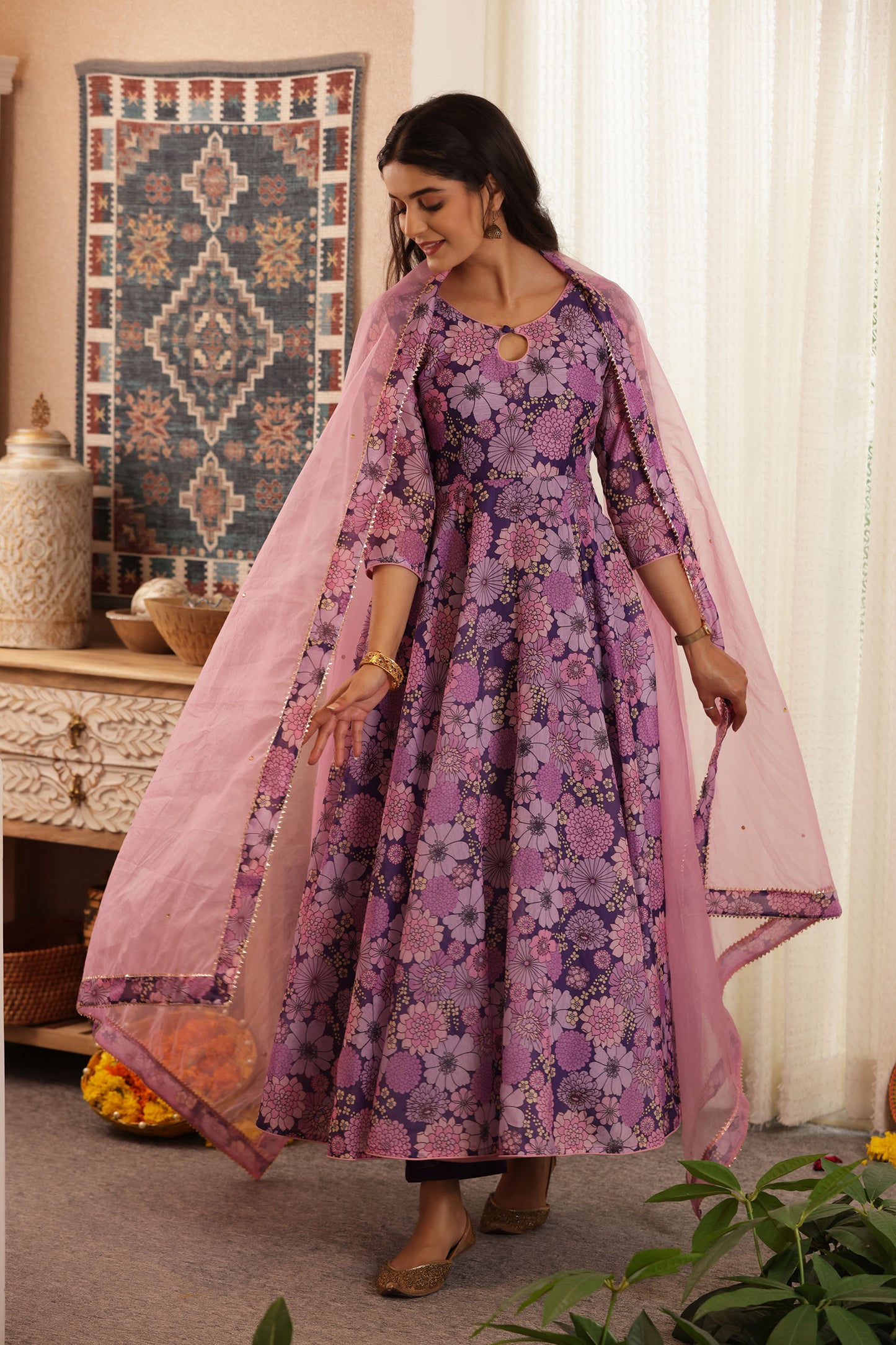 PLUM FLORAL CHANDERI SUIT SET