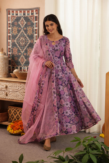 PLUM FLORAL CHANDERI SUIT SET