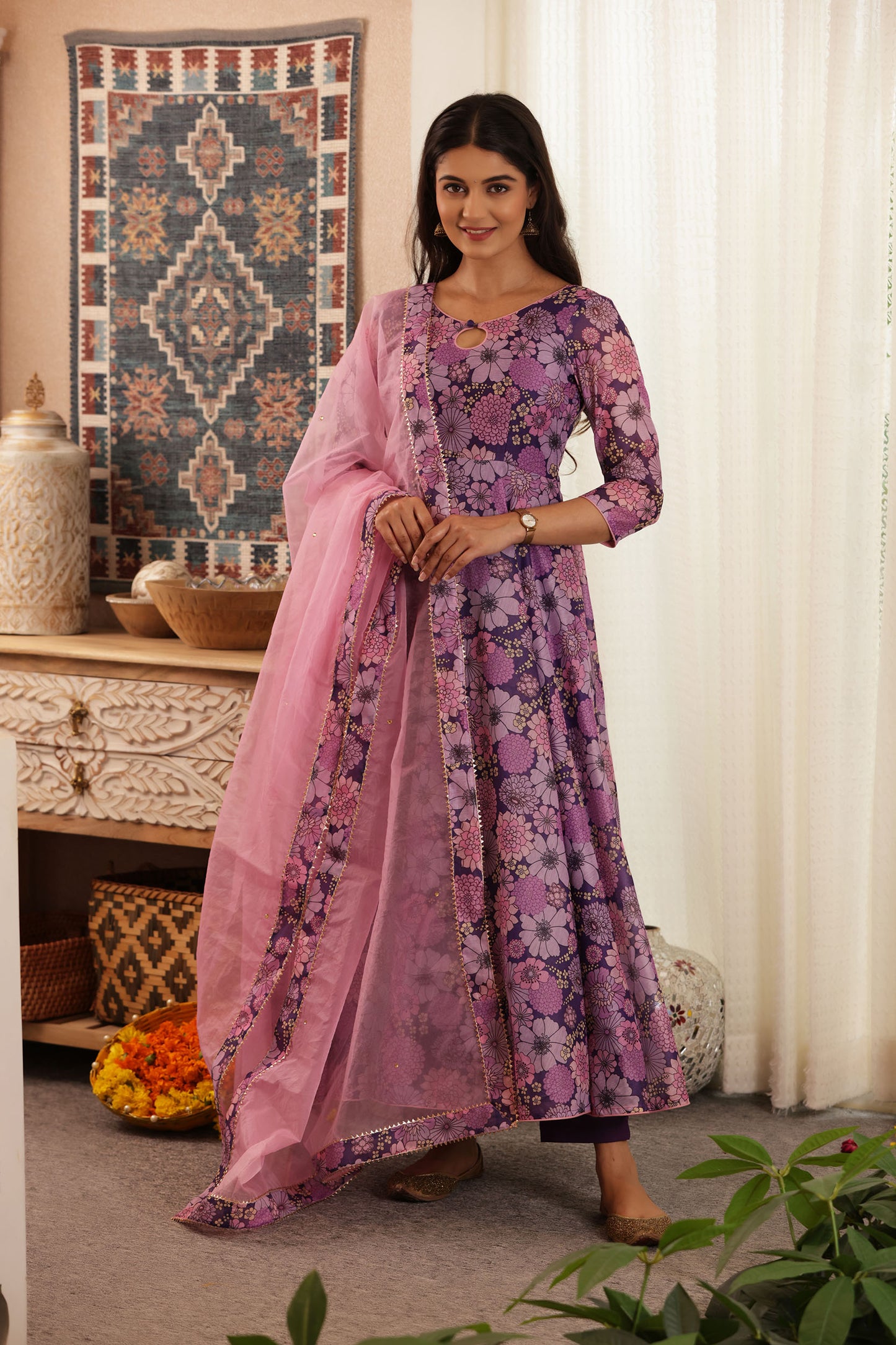 PLUM FLORAL CHANDERI SUIT SET