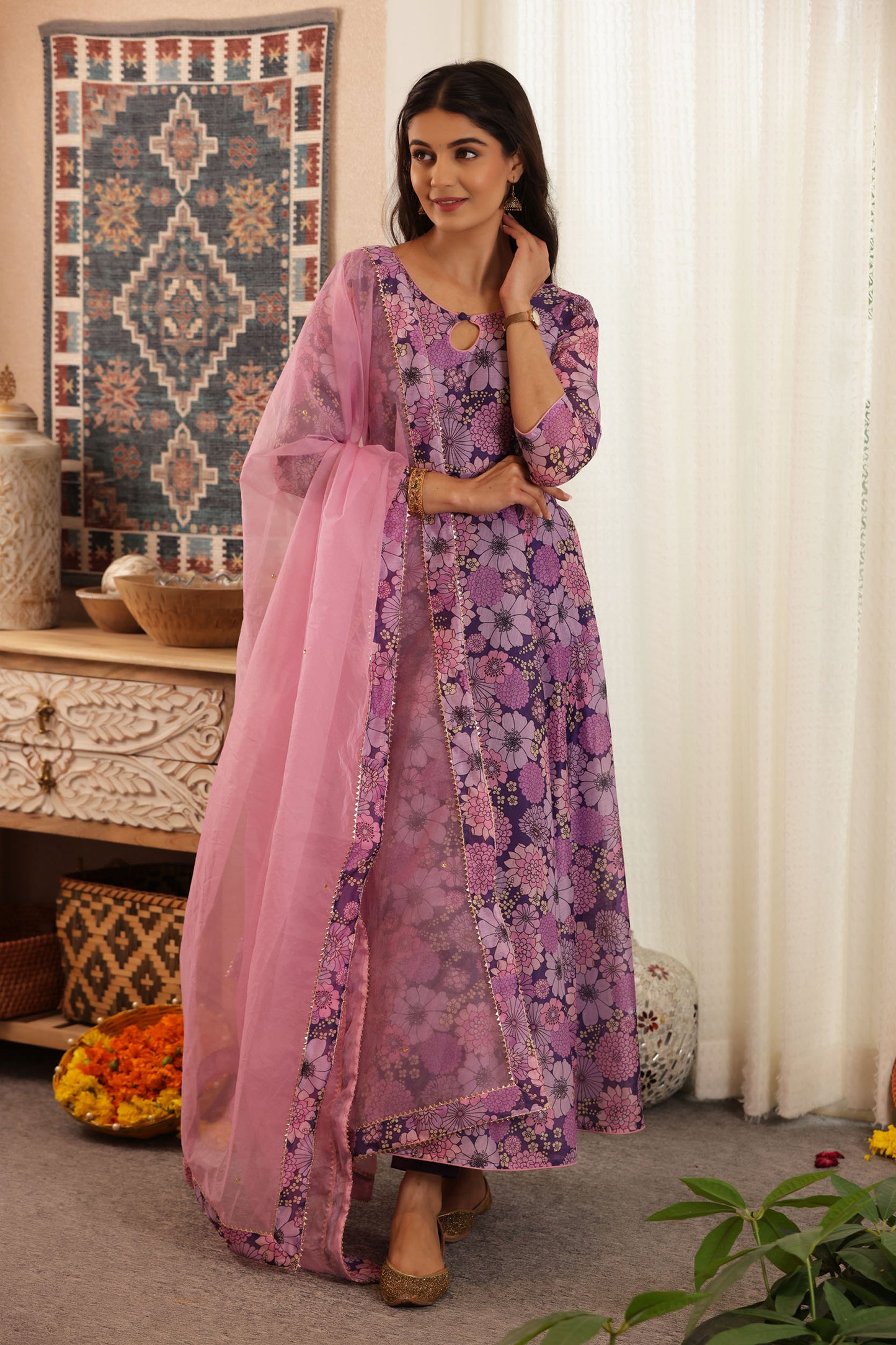 PLUM FLORAL CHANDERI SUIT SET