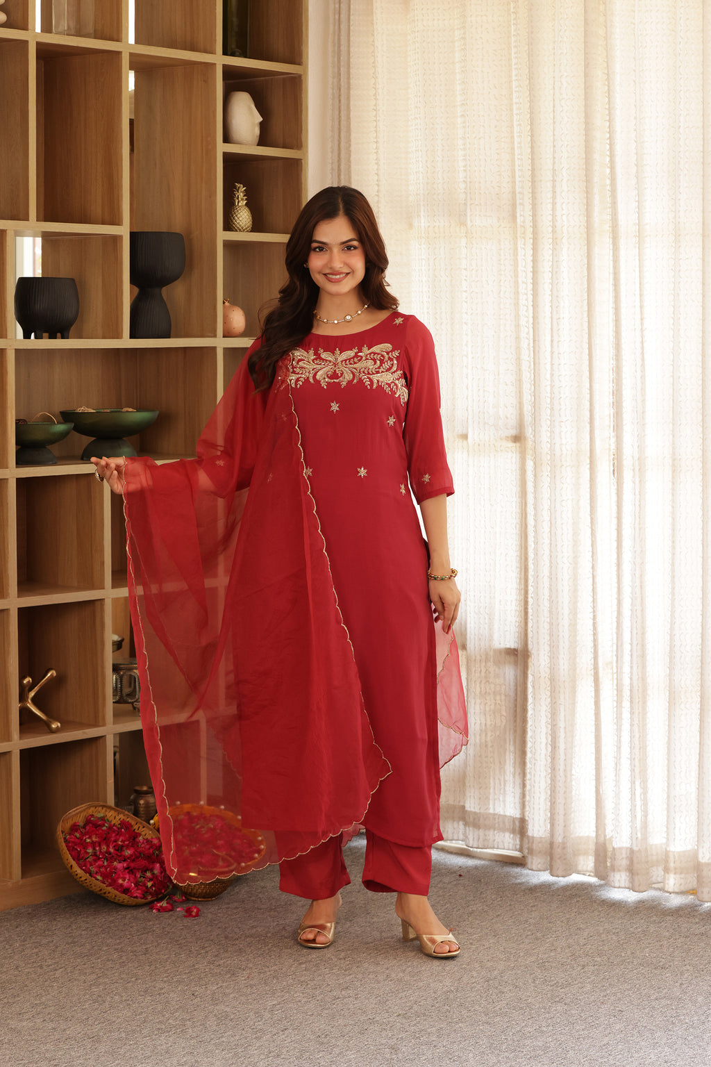 SONA CHANDERI HAND EMBROIDERED SUIT SET