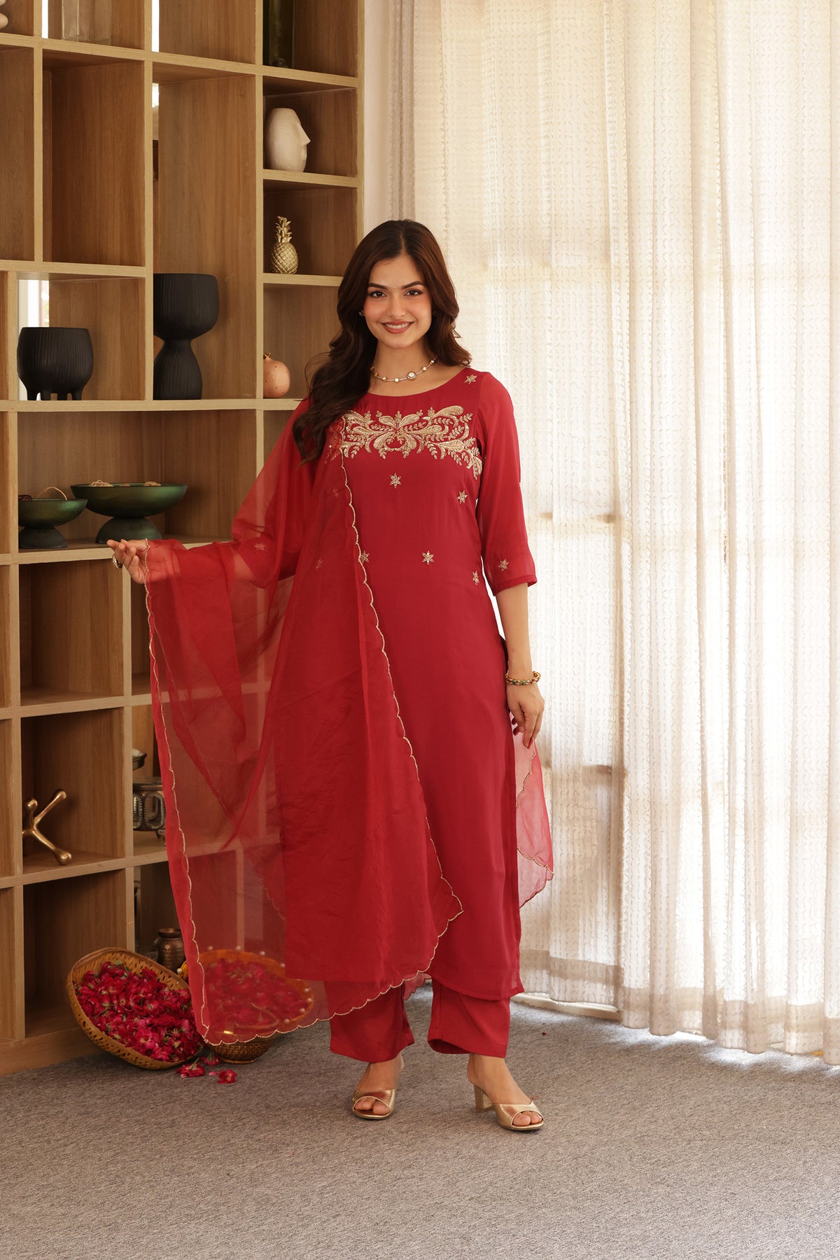 SONA CHANDERI HAND EMBROIDERED SUIT SET