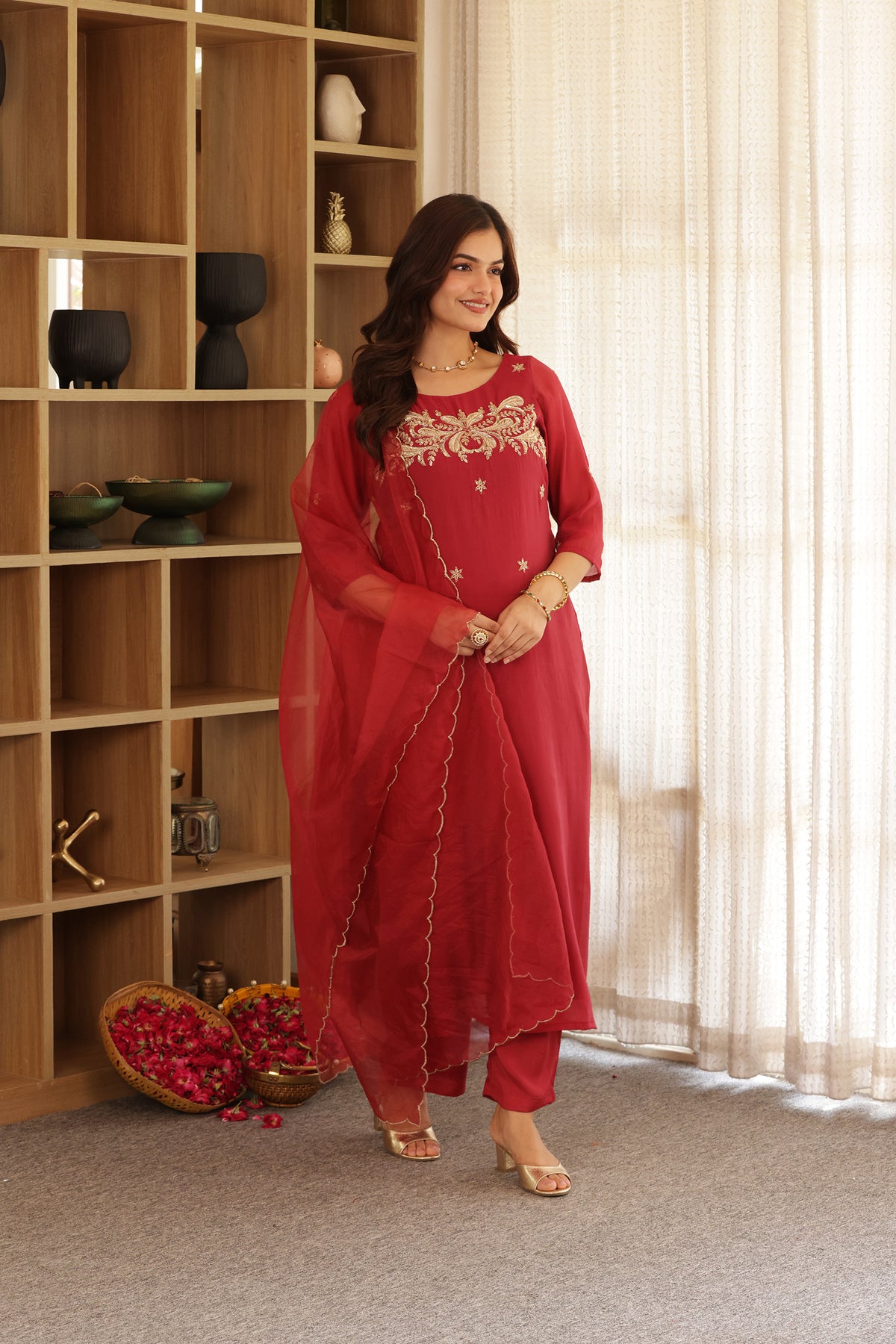 SONA CHANDERI HAND EMBROIDERED SUIT SET
