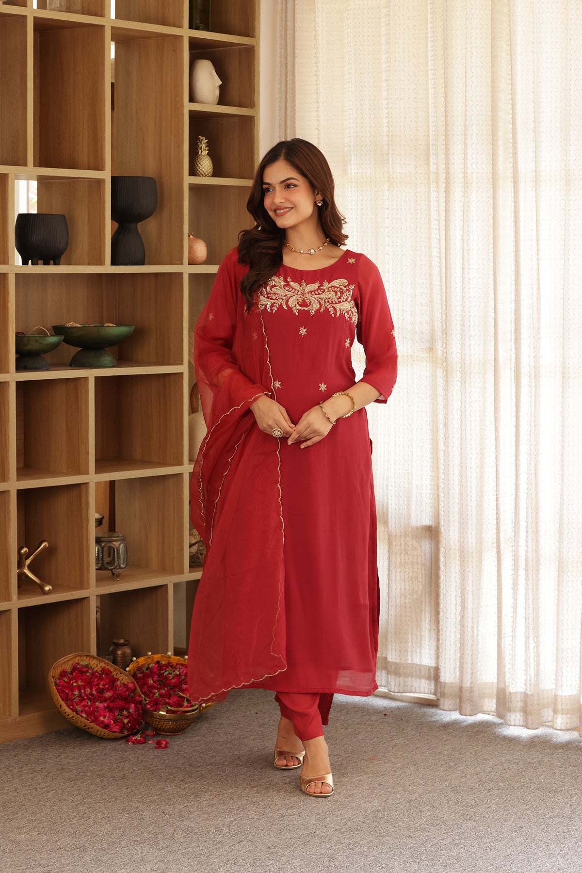 SONA CHANDERI HAND EMBROIDERED SUIT SET
