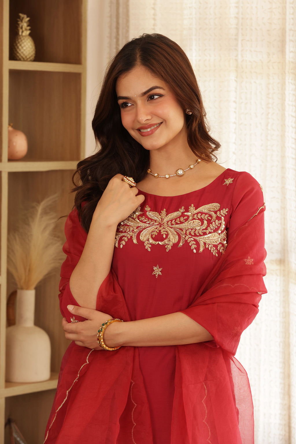 SONA CHANDERI HAND EMBROIDERED SUIT SET