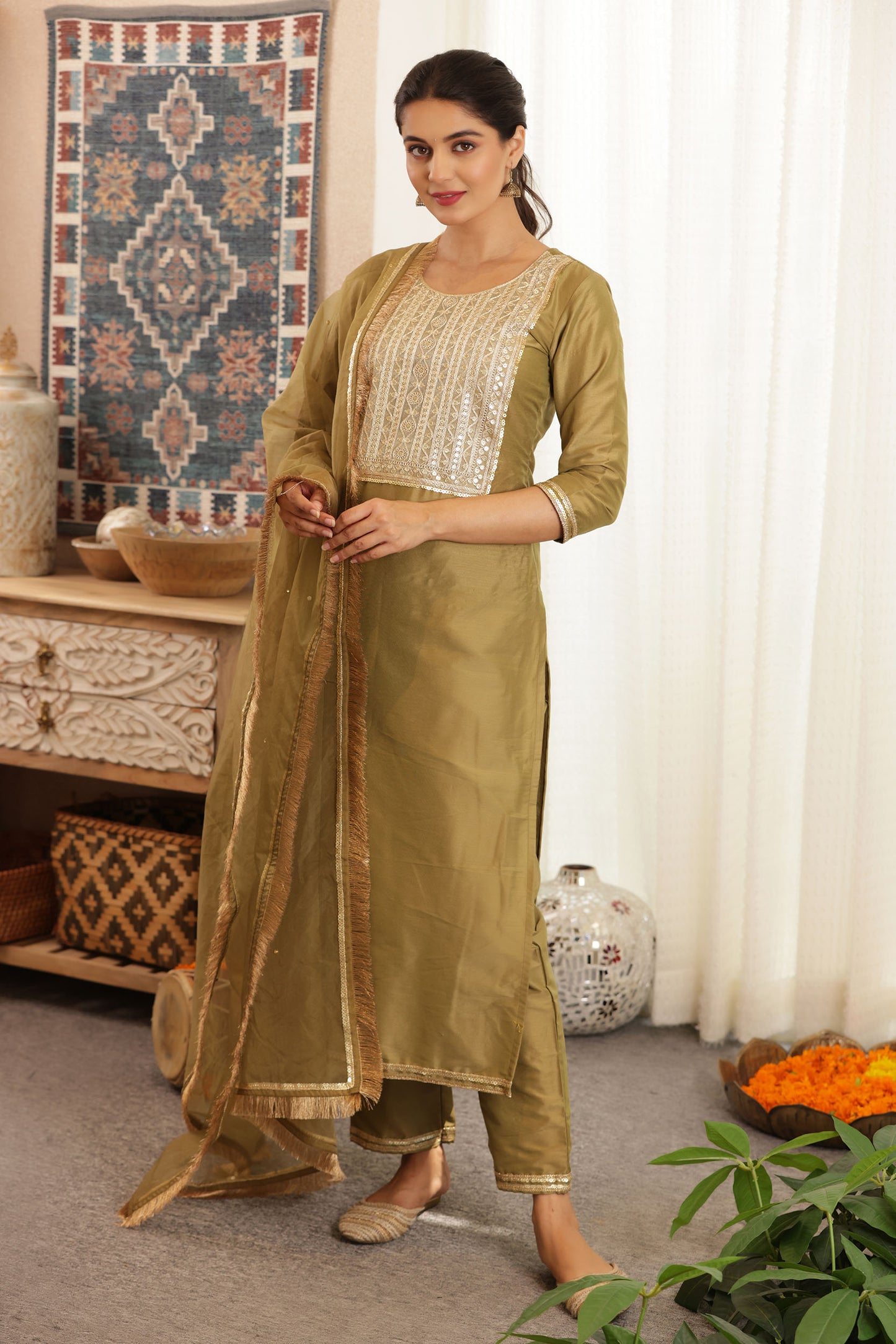 EMERALD SILK STRAIGHT SUIT SET