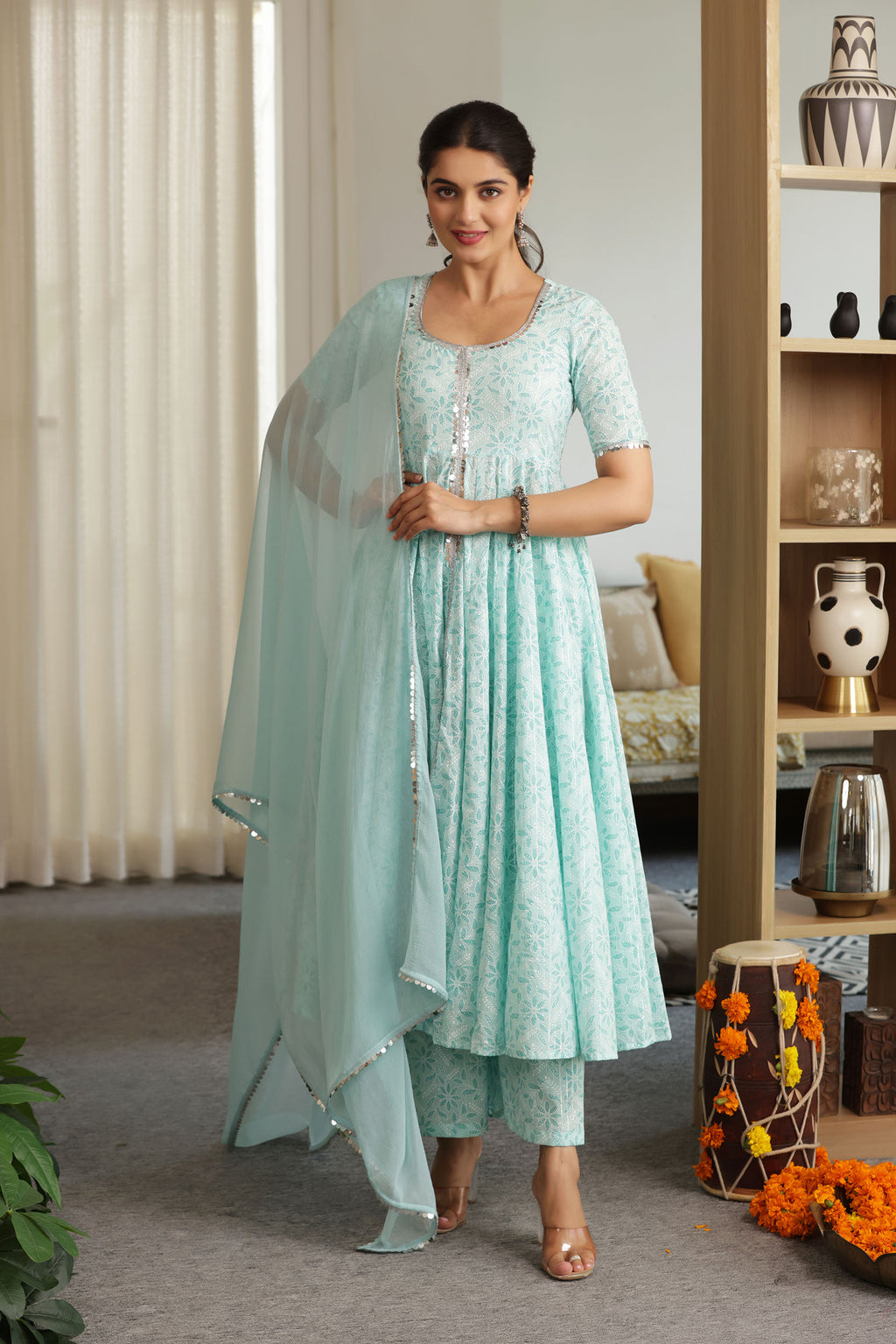 SASHA COTTON LUREX ANARKALI SUIT SET