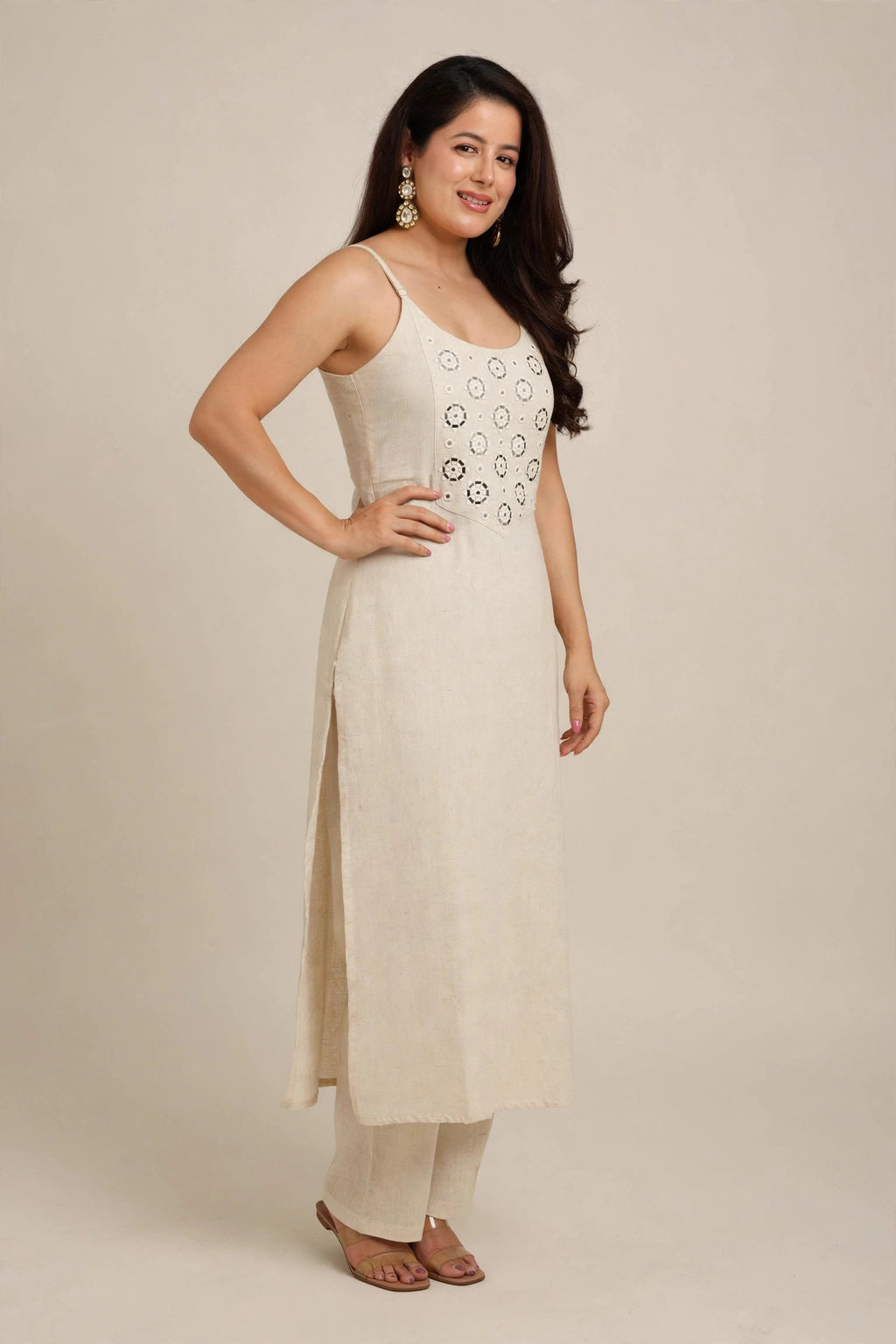 IVORY MIRROR WORK KURTI PANT SET