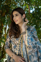 DUSKY BLUE FLORAL CHANDERI SUIT SET
