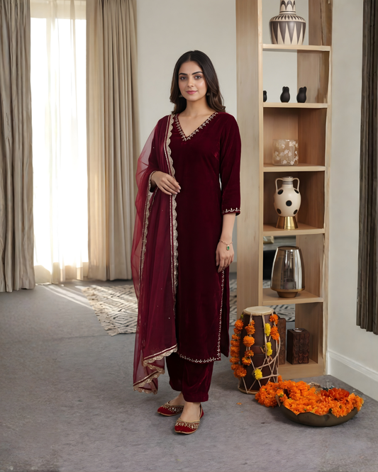 Ruhi Hand Embroidered Velvet Straight Suit Set