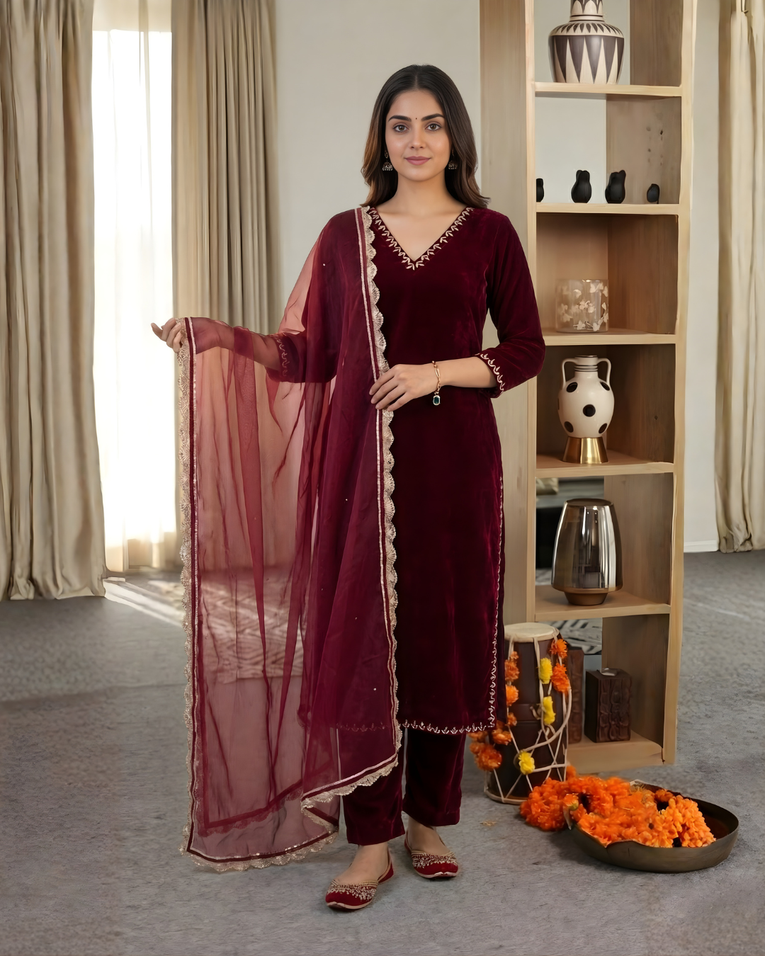 Ruhi Hand Embroidered Velvet Straight Suit Set