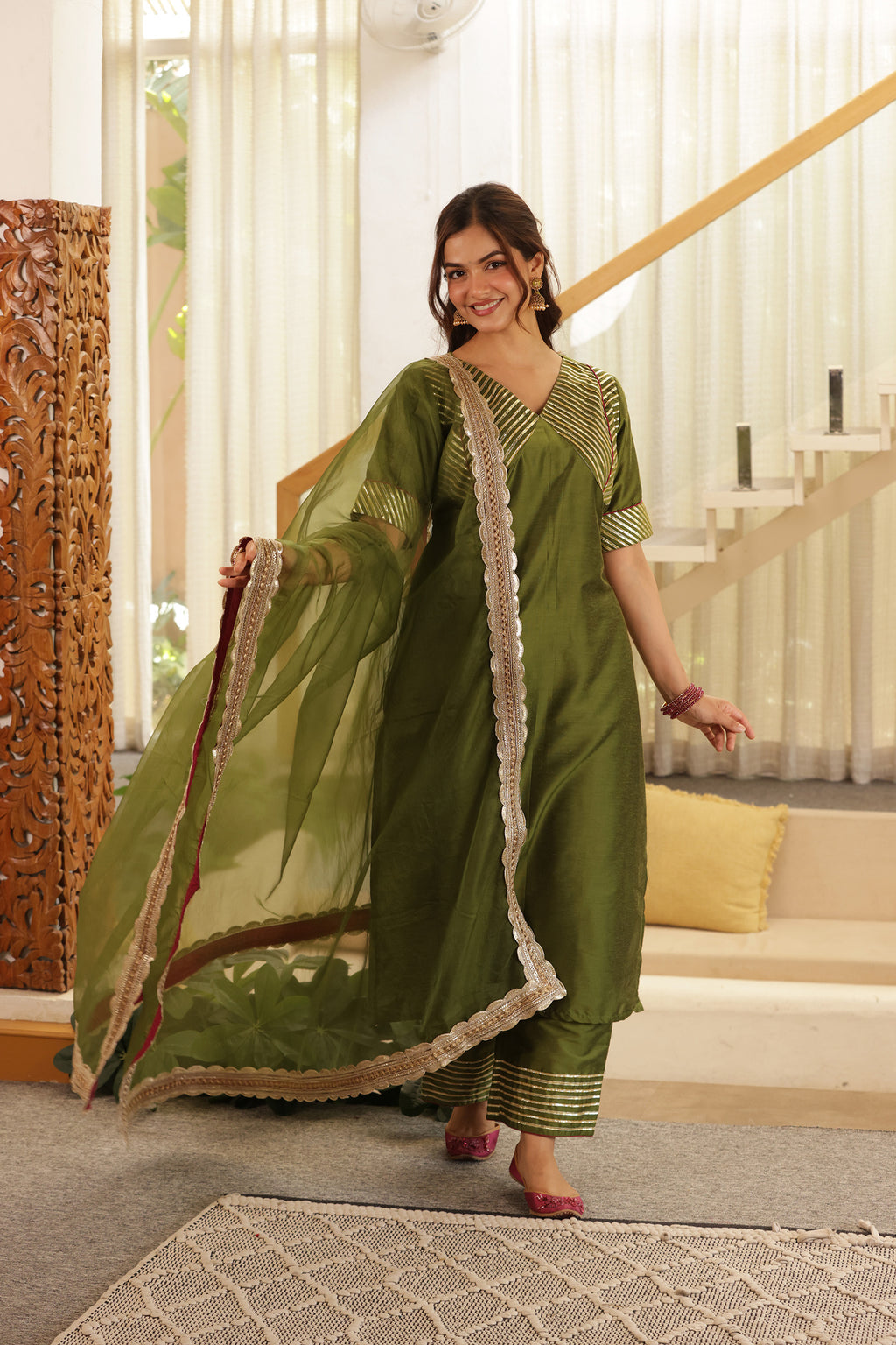 MEHENDI GREEN SILK STARIGHT SUIT SET