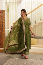 MEHENDI GREEN SILK STARIGHT SUIT SET