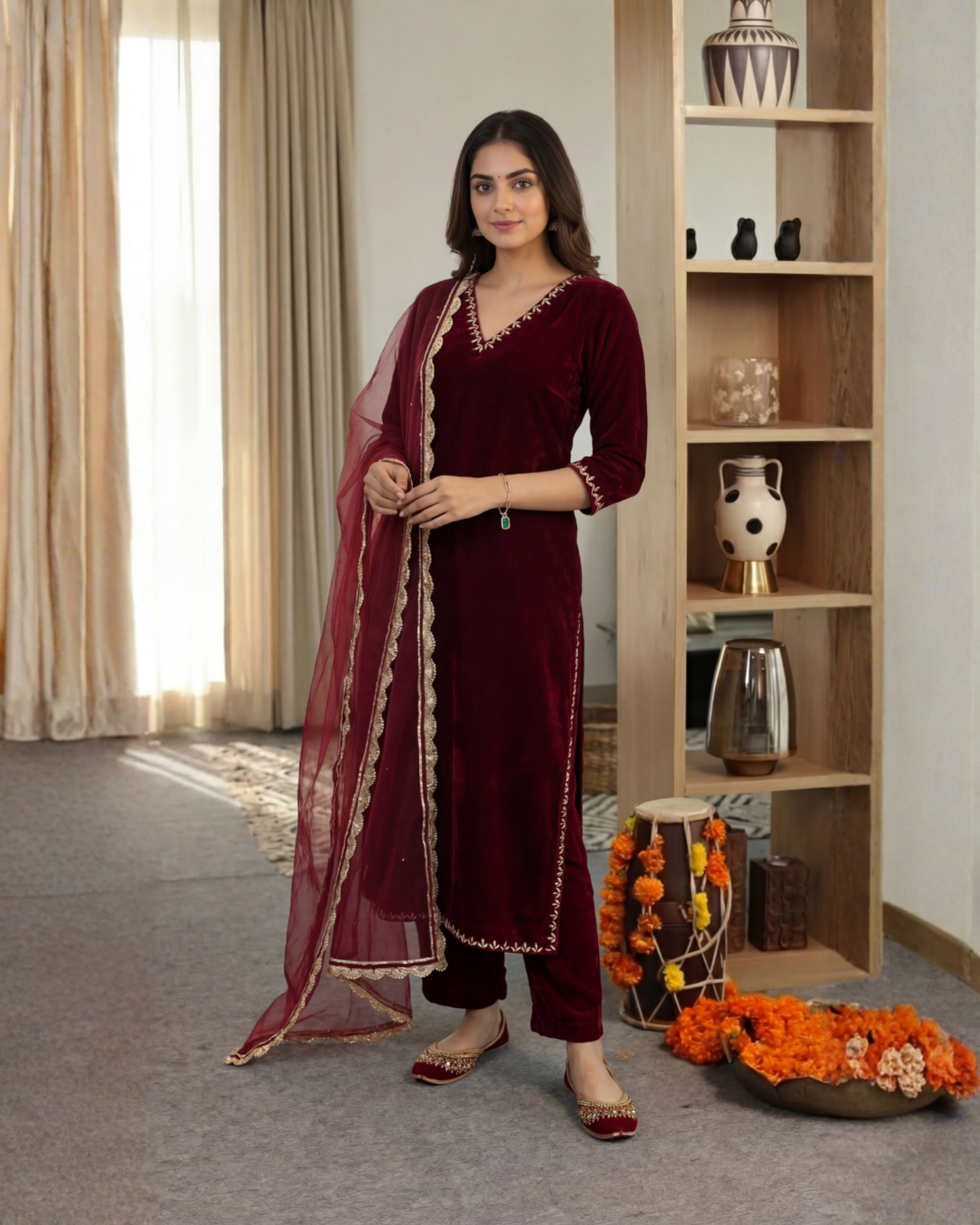 Ruhi Hand Embroidered Velvet Straight Suit Set