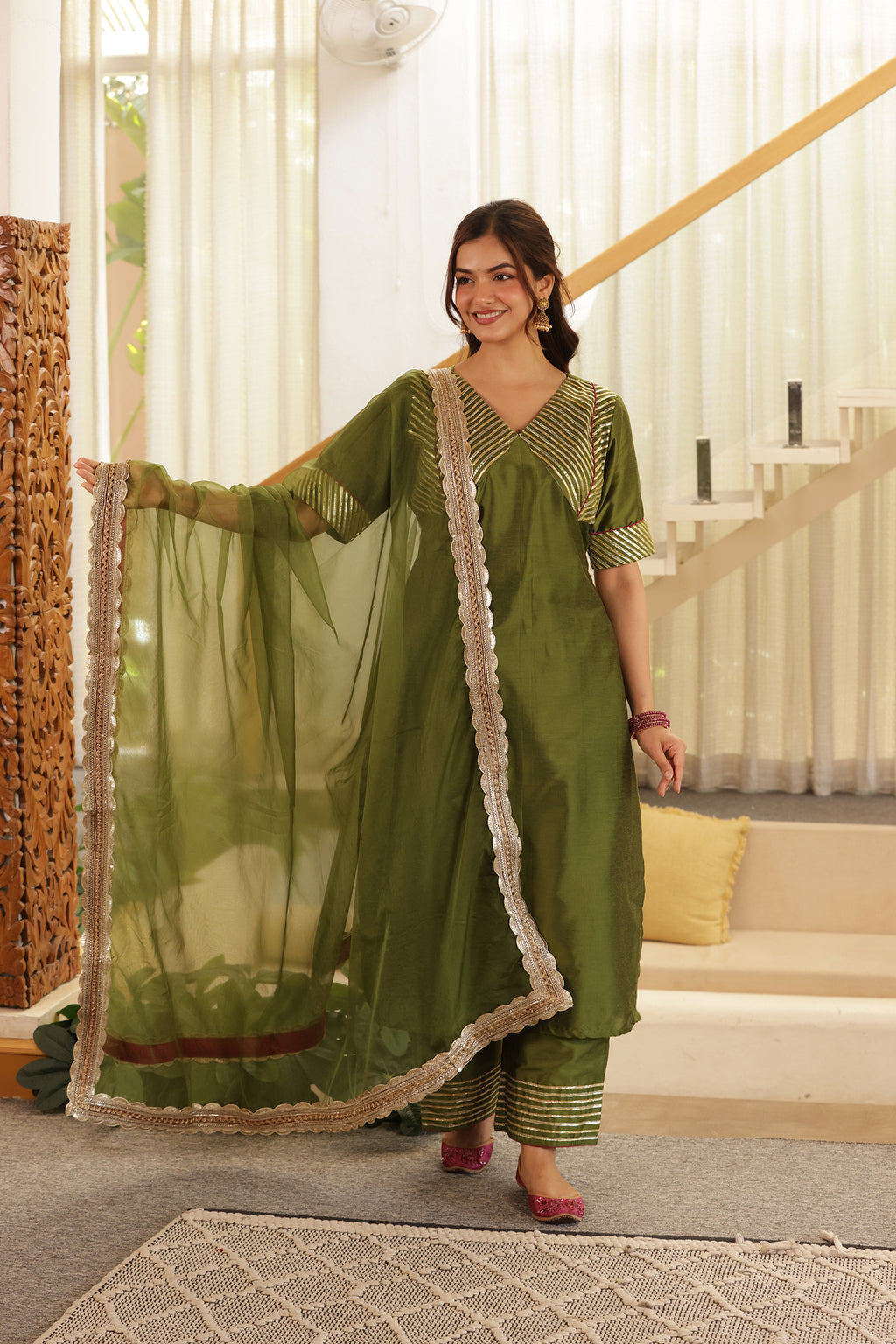 MEHENDI GREEN SILK STARIGHT SUIT SET