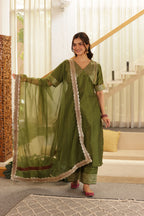 MEHENDI GREEN SILK STARIGHT SUIT SET