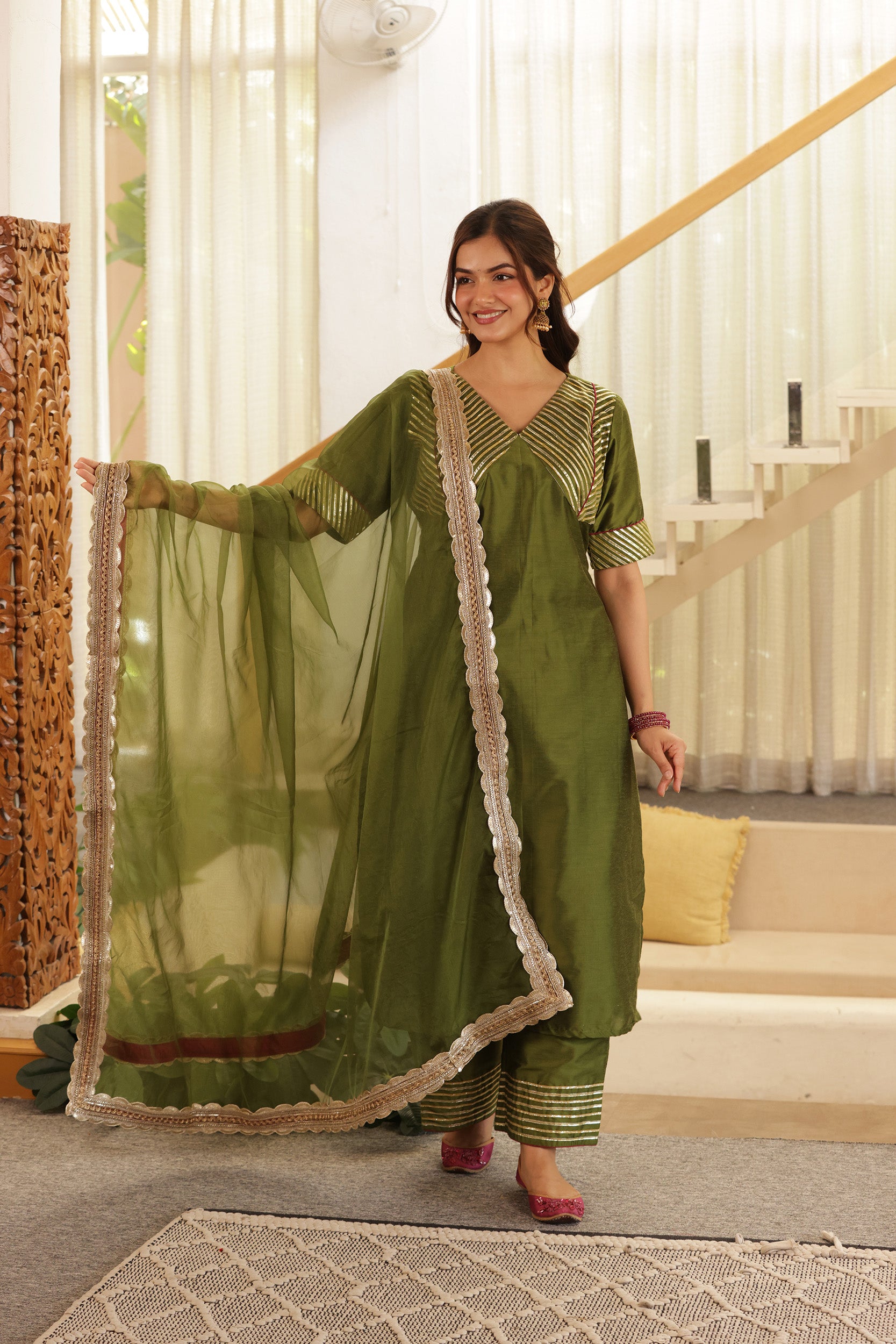 MEHENDI GREEN SILK STARIGHT SUIT SET
