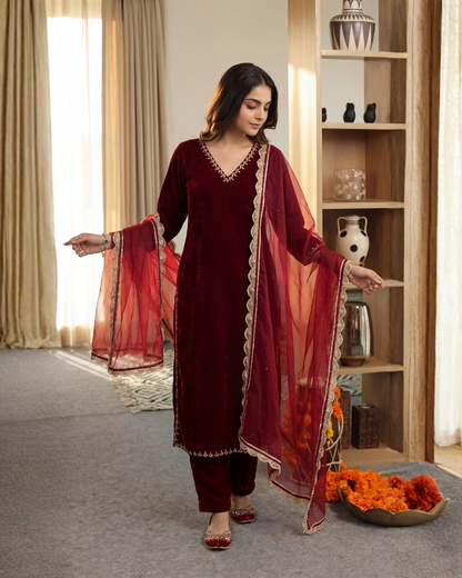 Ruhi Hand Embroidered Velvet Straight Suit Set
