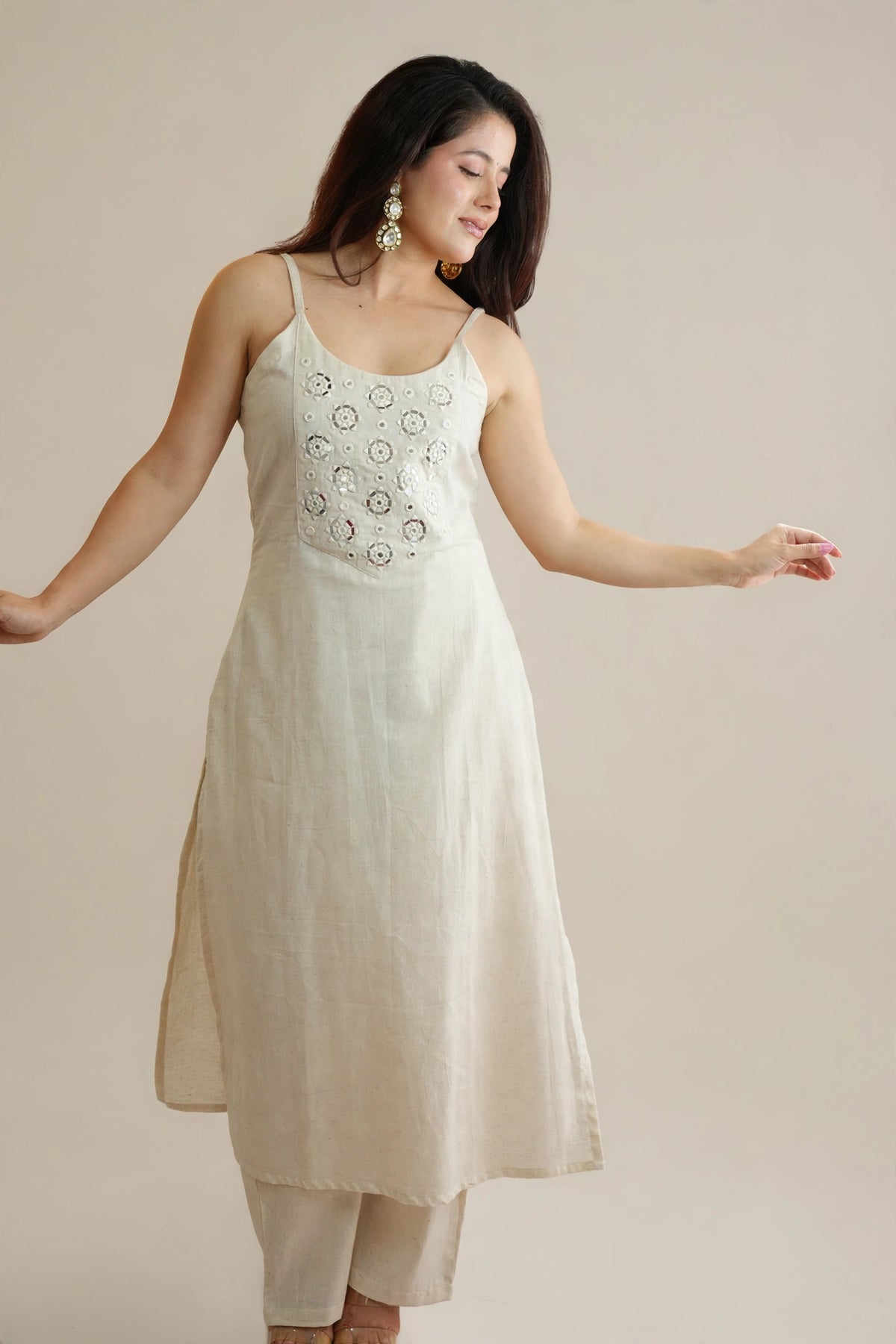 IVORY MIRROR WORK KURTI PANT SET