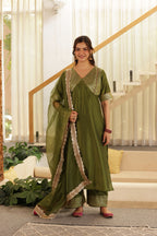MEHENDI GREEN SILK STARIGHT SUIT SET