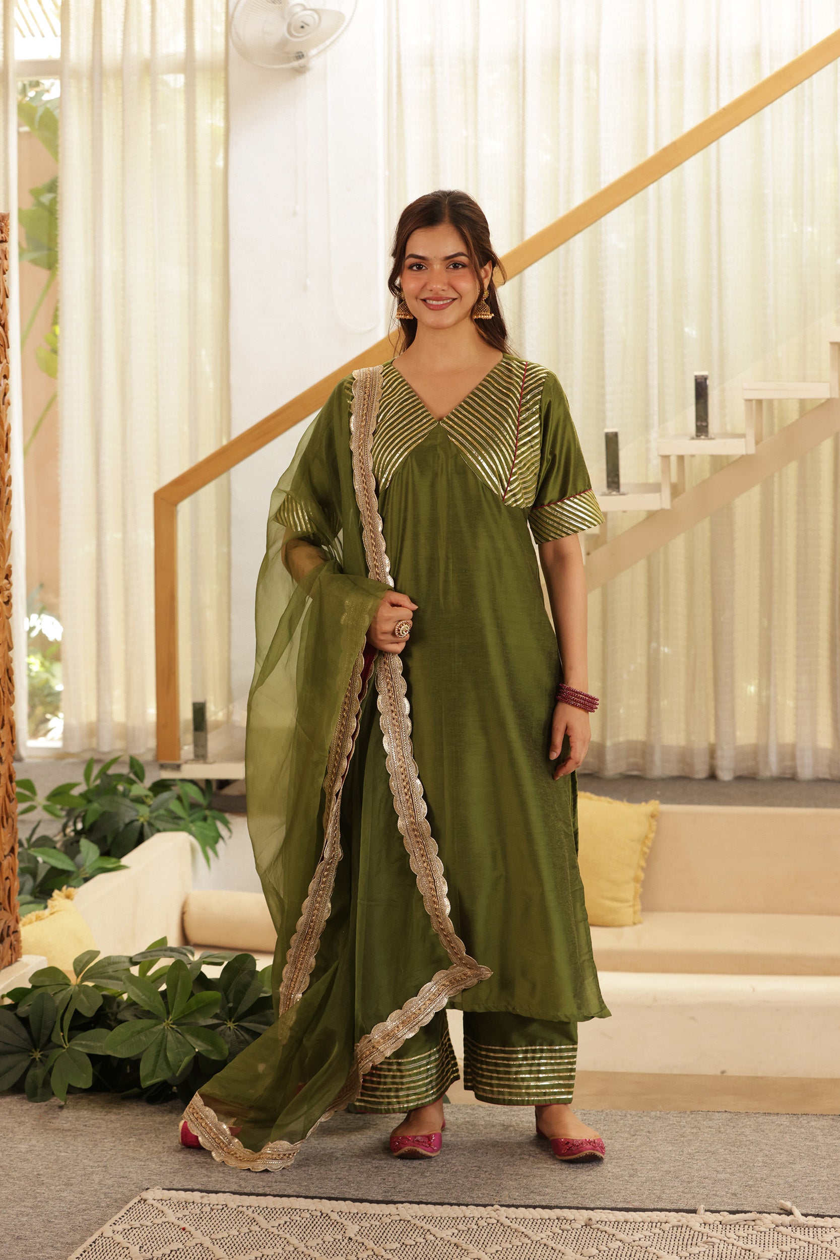 MEHENDI GREEN SILK STARIGHT SUIT SET