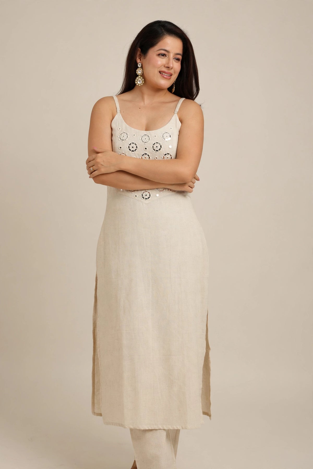 IVORY MIRROR WORK KURTI PANT SET