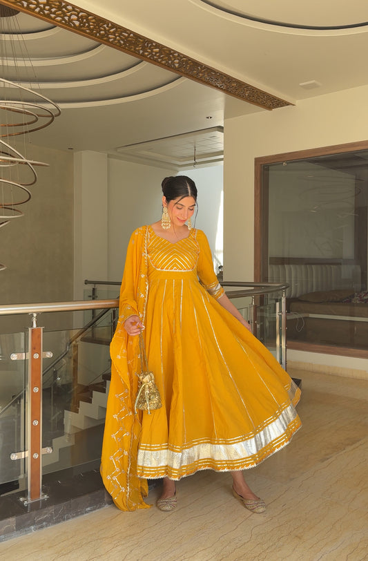 MARIGOLD KALIDAR GOTAPATTI COTTON SUIT SET