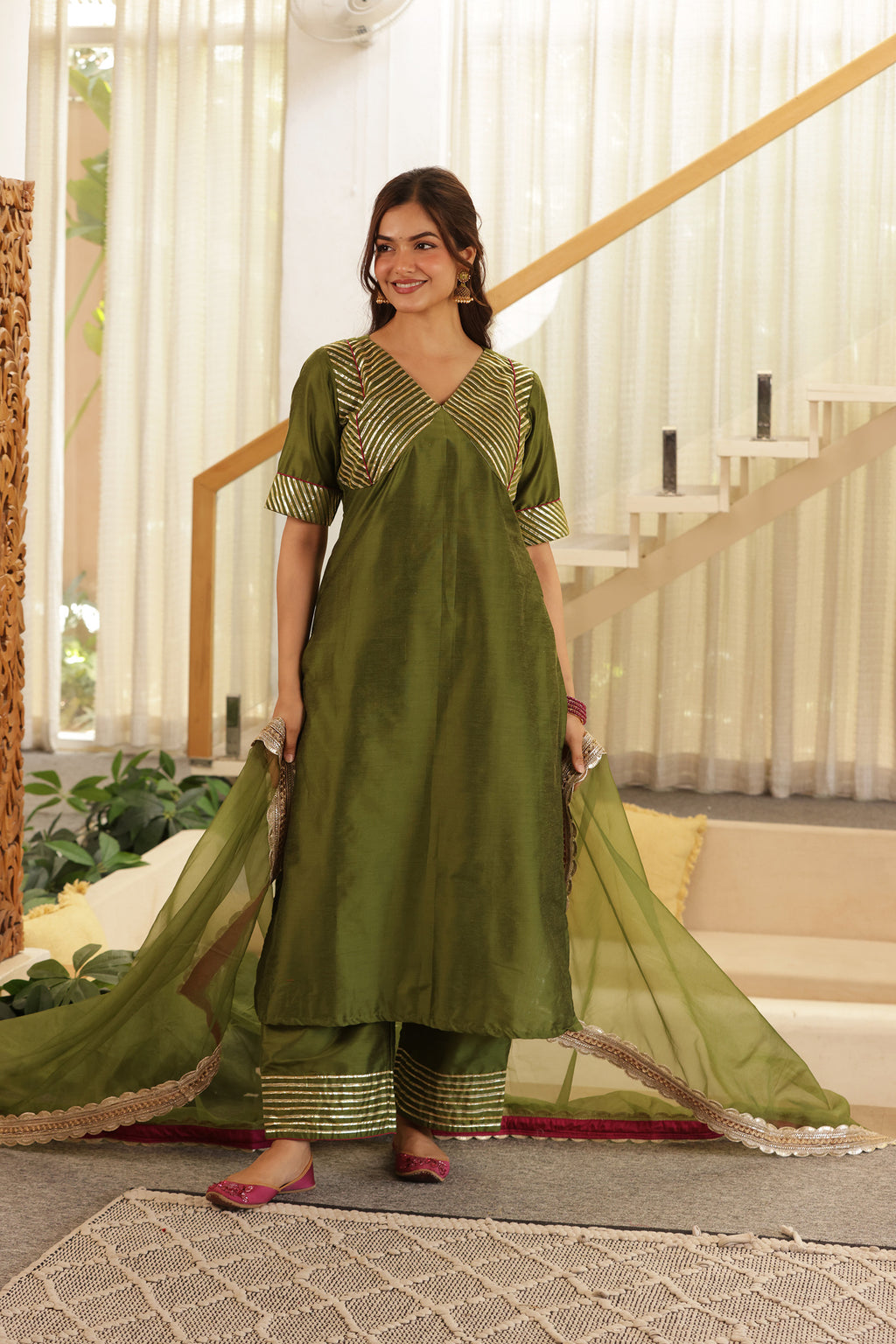 MEHENDI GREEN SILK STARIGHT SUIT SET