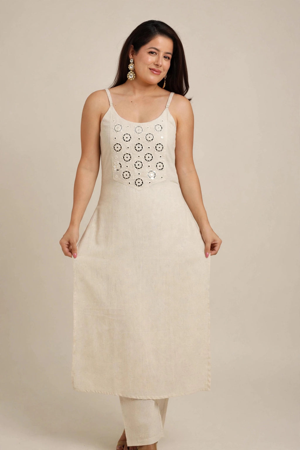 IVORY MIRROR WORK KURTI PANT SET