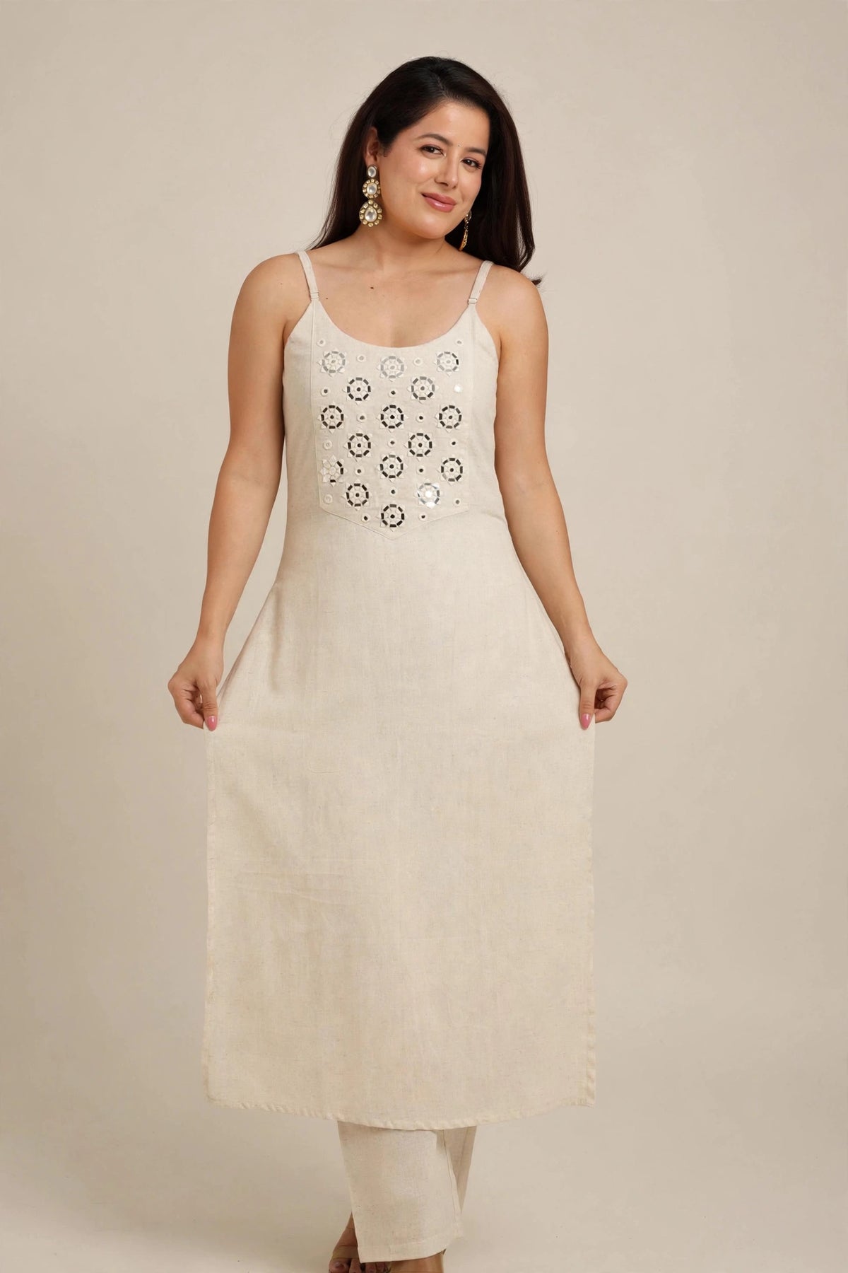 IVORY MIRROR WORK KURTI PANT SET
