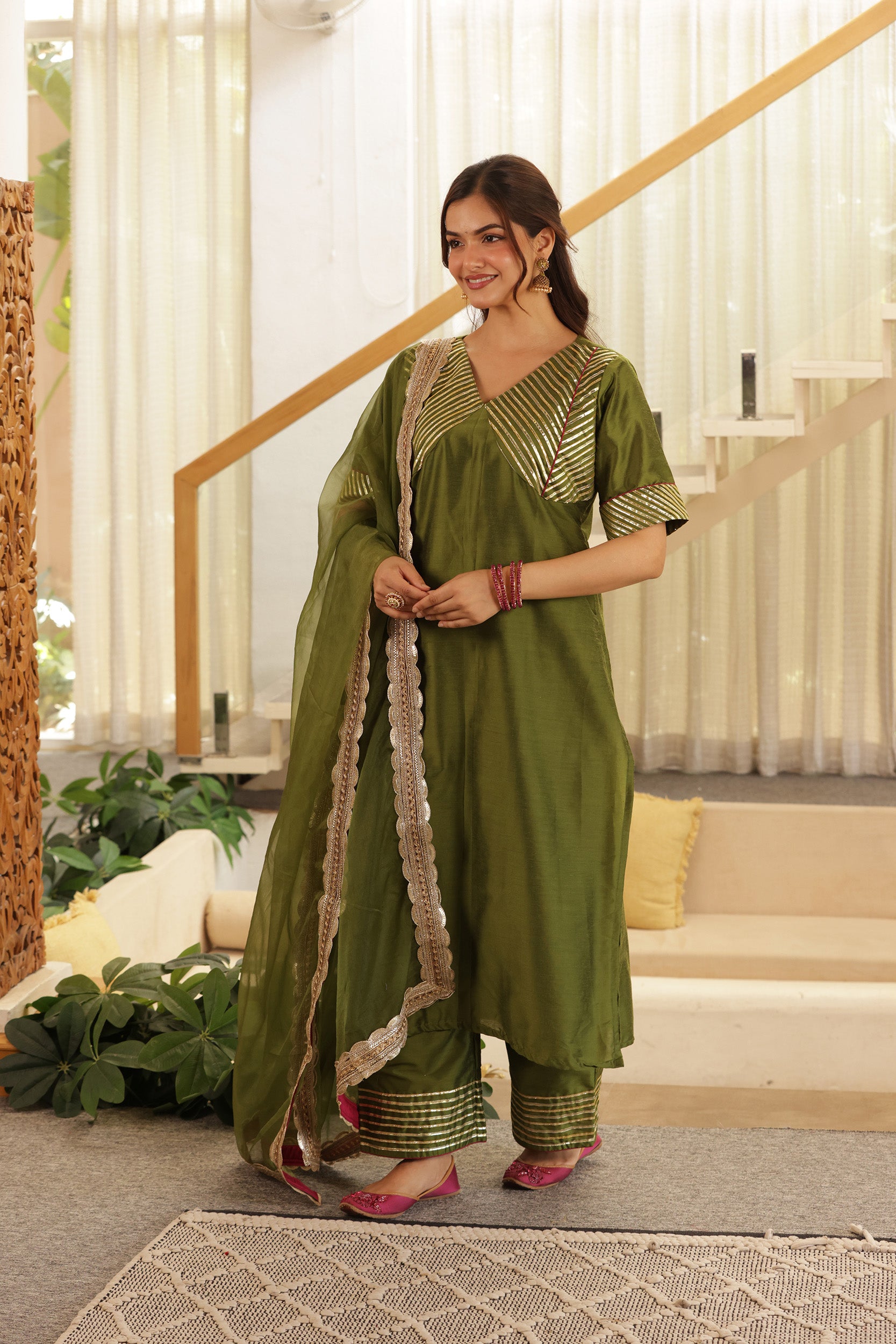 MEHENDI GREEN SILK STARIGHT SUIT SET