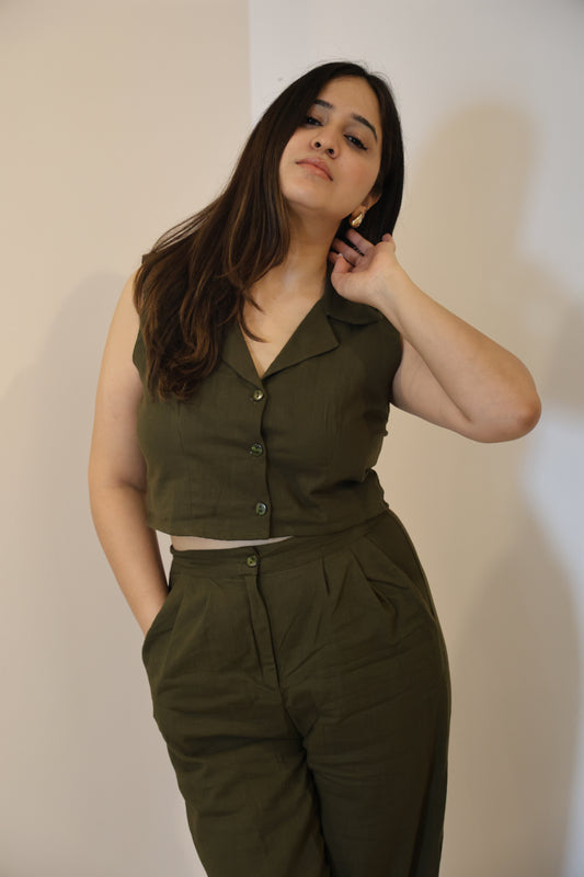 OLIVE GREEN LINEN COORD SET
